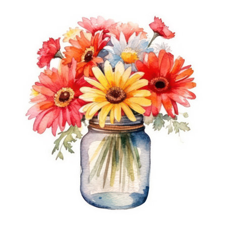 Bouquet of gerbera flowers in a glass jar. Watercolor illustrationの素材