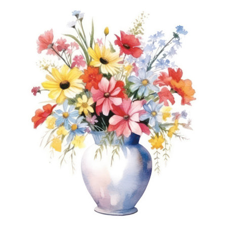Bouquet of colorful flowers in vase. Watercolor illustrationの素材