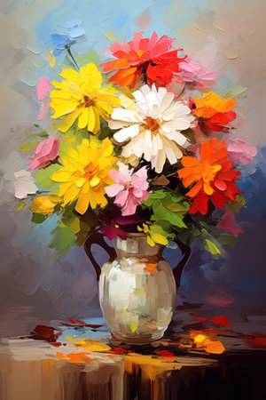 Bouquet of colorful flowers in a vase on the tableの素材