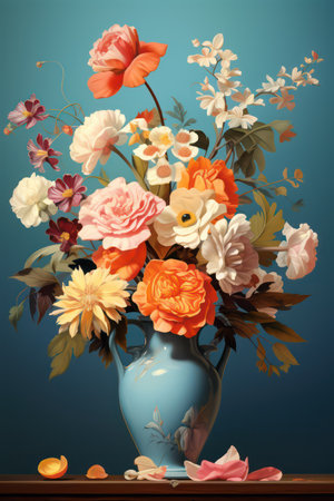 Bouquet of flowers in a vase on a blue backgroundの素材