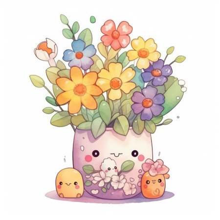Cute cartoon flowers in a vase on a white background.の素材