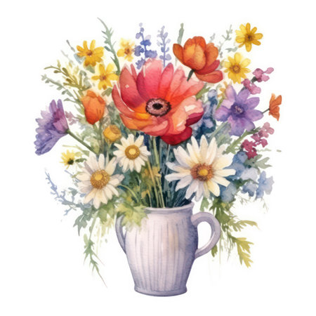 Watercolor bouquet of wildflowers in a vase.の素材