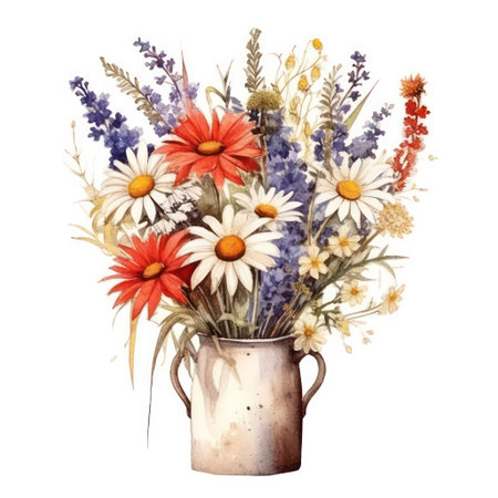 Watercolor bouquet of wildflowers in vase isolated on white backgroundの素材