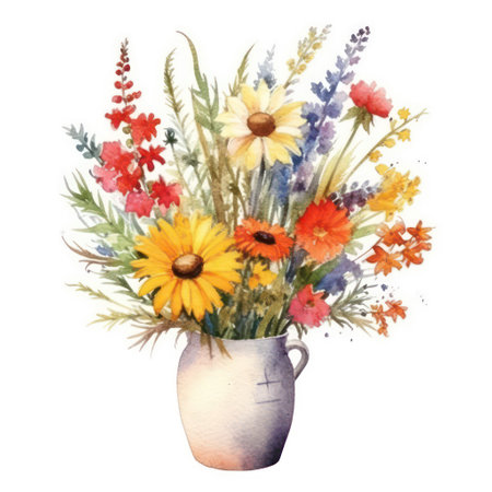Watercolor bouquet of wildflowers in a vase.の素材