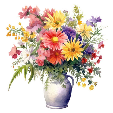 Bouquet of colorful spring flowers in vase. Watercolor illustrationの素材