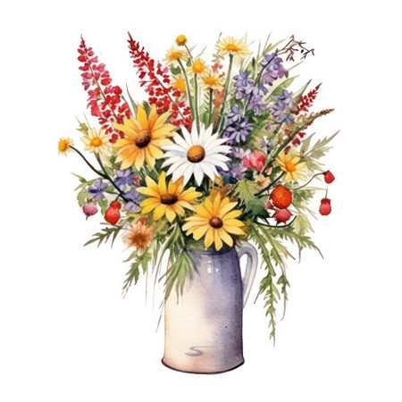 Bouquet of wildflowers in vase isolated on white backgroundの素材