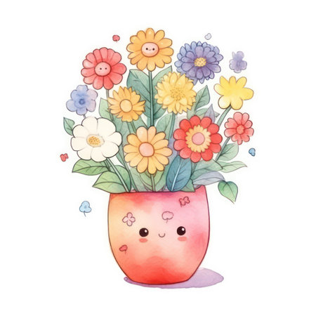 Cute flowers in a pot. Watercolor hand drawn illustration.の素材