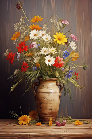 Bouquet of wildflowers in vase on wooden backgroundの素材
