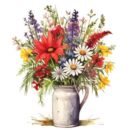 Bouquet of wildflowers in a vase. Watercolor illustrationの素材
