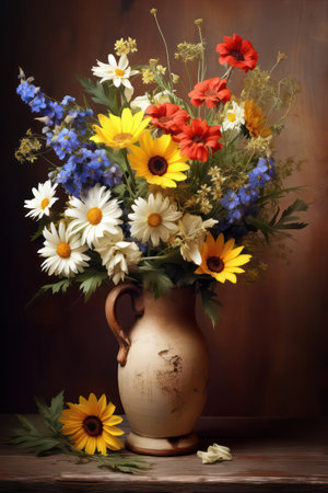 bouquet of wildflowers in vase on wooden backgroundの素材