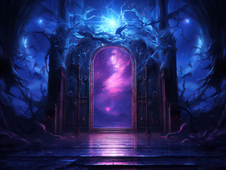Mysterious door in the dark forest. 3D illustration.の素材