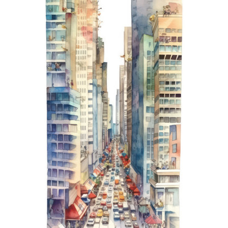 watercolor illustration of a street with buildings and skyscrapers.の素材