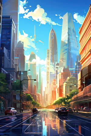 Illustration of a city street with skyscrapers and cars.の素材