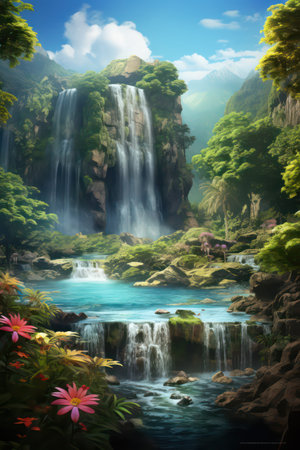Waterfall in deep forest. digital painting. 3D illustration.の素材
