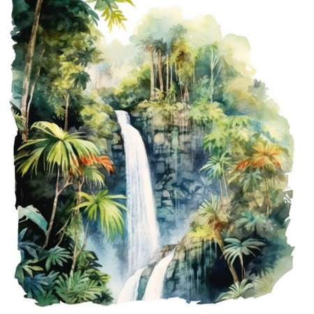 Watercolor tropical waterfall in jungle. Watercolor hand drawn illustration.の素材