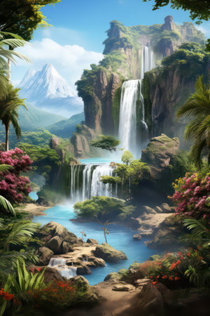 Beautiful waterfall in the jungle with mountains and flowers in the backgroundの素材