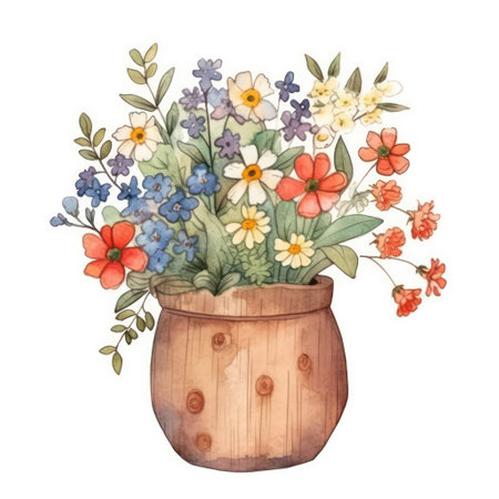 Watercolor bouquet of spring flowers in a wooden vase.の素材