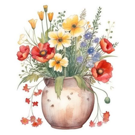 Watercolor bouquet of wild flowers in a vase. hand drawn illustrationの素材