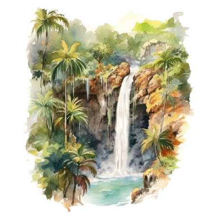 Watercolor hand drawn illustration of tropical waterfall with palm trees and waterfalls.の素材