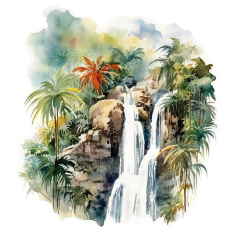 Watercolor hand drawn illustration of tropical waterfall with palm trees on background.の素材