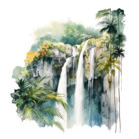 Watercolor hand drawn illustration of tropical waterfall with palm trees on a white backgroundの素材