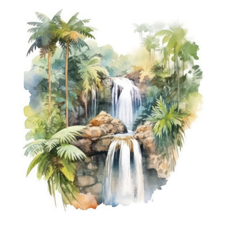 Watercolor tropical landscape with palm trees and waterfall. hand drawn illustrationの素材