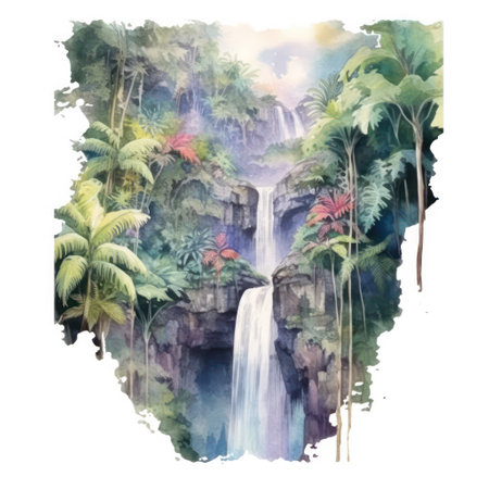 Watercolor tropical waterfall with palm trees on a white background. hand drawn illustrationの素材