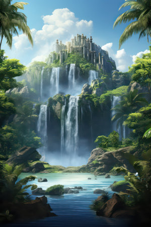 3d rendering of a beautiful waterfall in the jungle with palm treesの素材