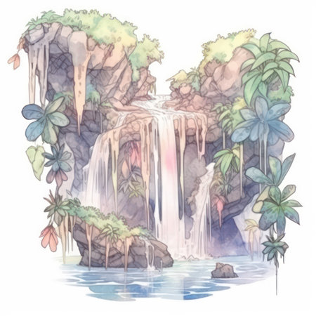 Watercolor tropical waterfall with palm trees. Watercolor hand drawn illustrationの素材