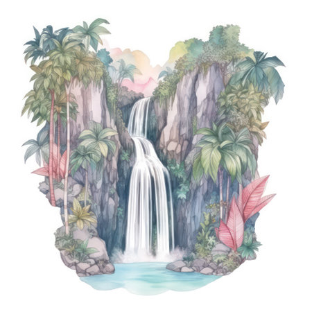 Watercolor hand drawn illustration of tropical waterfall with palm trees and plantsの素材