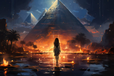 3d illustration of a beautiful woman in front of a huge pyramidsの素材