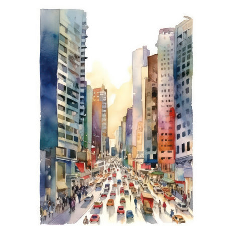 Watercolor illustration of a street in a big city. high quality illustrationの素材
