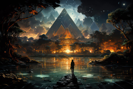 Fantasy landscape with ancient temple and man standing on the stone floorの素材