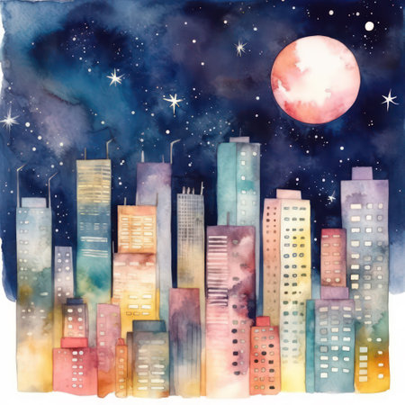Watercolor night city with moon and stars. Hand drawn illustration.の素材