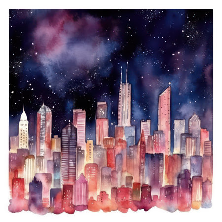Watercolor illustration of a night city with skyscrapers and starsの素材