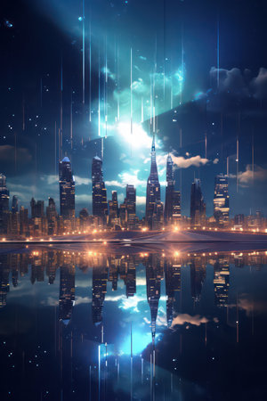 Futuristic city with glowing lights and reflection on the water surfaceの素材