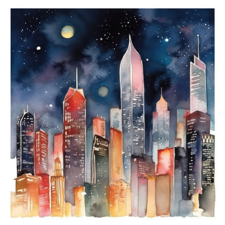 Watercolor skyscrapers in the night sky. Hand drawn illustrationの素材