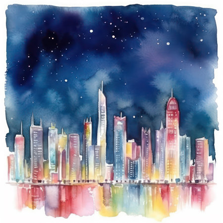 Watercolor illustration of skyscrapers on the background of the night skyの素材
