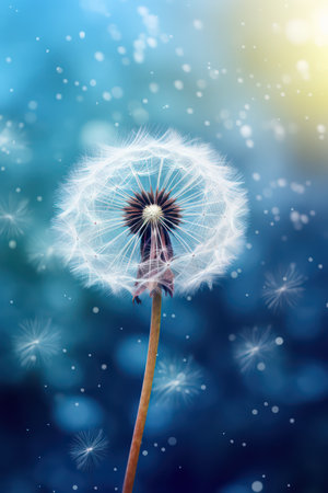 dandelion flower on a background of blue sky and falling snowの素材