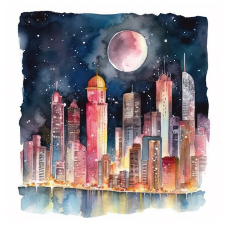 Watercolor night cityscape. Hand drawn illustration for your design.の素材