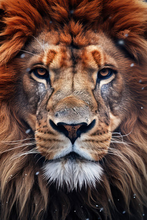 Portrait of a big male lion on a snowy winter day.の素材