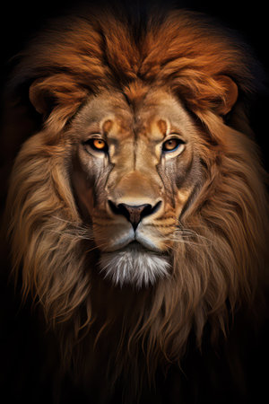 Portrait of a male lion with a black background. Animal portrait.の素材