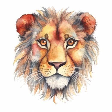 Watercolor portrait of a lion. Hand drawn illustration isolated on white backgroundの素材