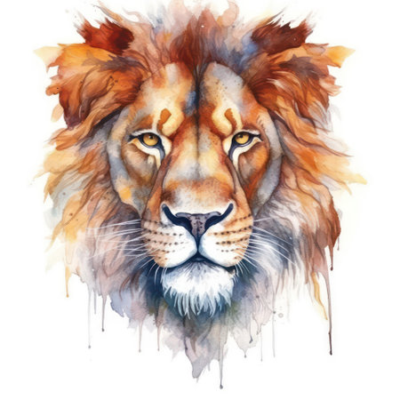 Watercolor portrait of lion. Hand drawn illustration isolated on white backgroundの素材
