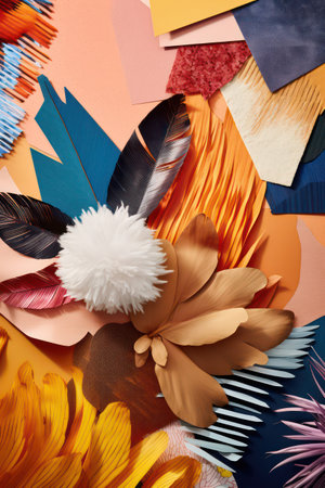 Colorful paper background with feathers. Top view. Flat lay.の素材