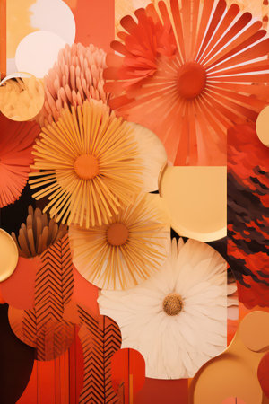 3d illustration of abstract geometric composition with flowers and leaves in orange and white colorsの素材