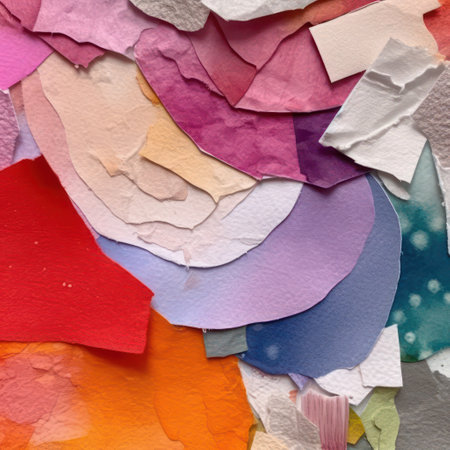 Colored paper background with many colorful pieces of scraps of paper.の素材