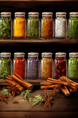 Spices and herbs in glass jars on wooden shelves, vector illustrationの素材