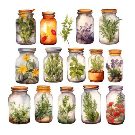 Herbs and spices in glass jars. Watercolor illustration set.の素材