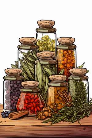 Herbs and spices in glass jars on wooden table. Vector illustration.の素材